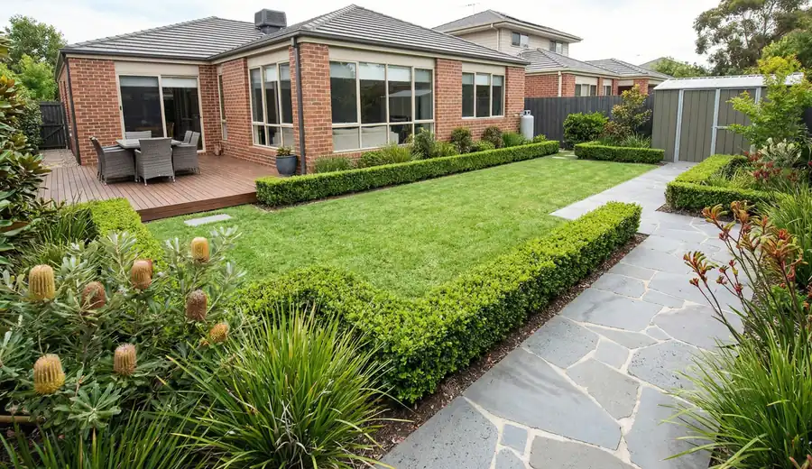 Garden design and landscaping project in Ringwood Melbourne with lawn, pathways and structured planting